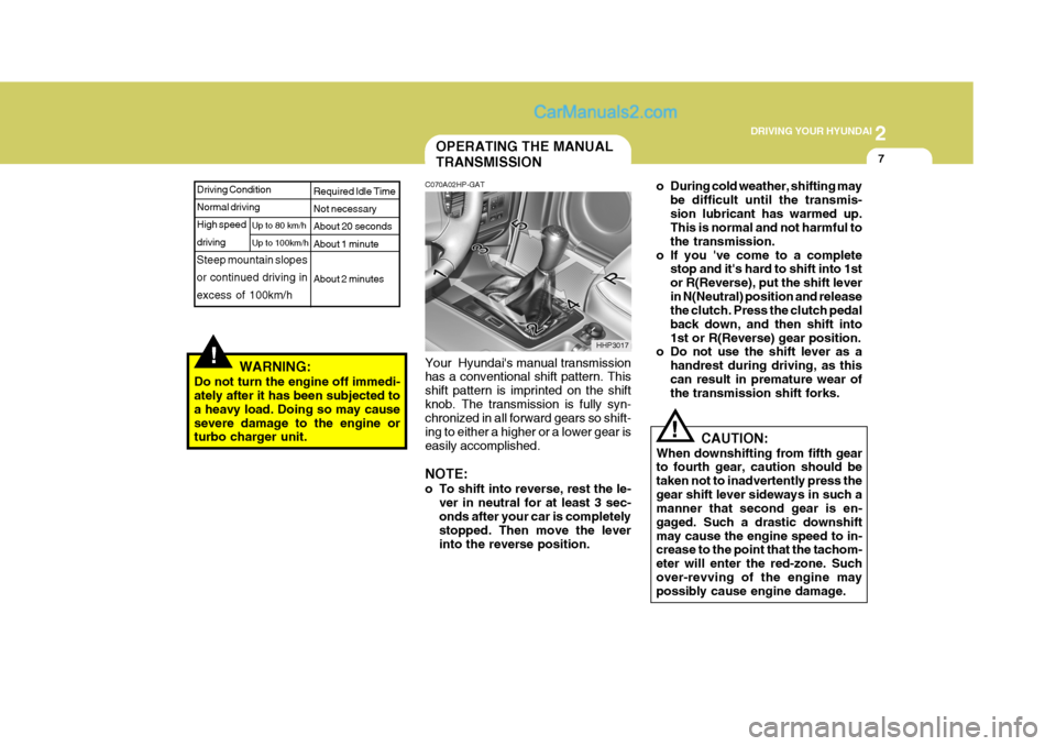 Hyundai Terracan 2005  Owners Manual 2
 DRIVING YOUR HYUNDAI
7OPERATING THE MANUAL TRANSMISSION
!
!WARNING:
Do not turn the engine off immedi- ately after it has been subjected to a heavy load. Doing so may causesevere damage to the engi