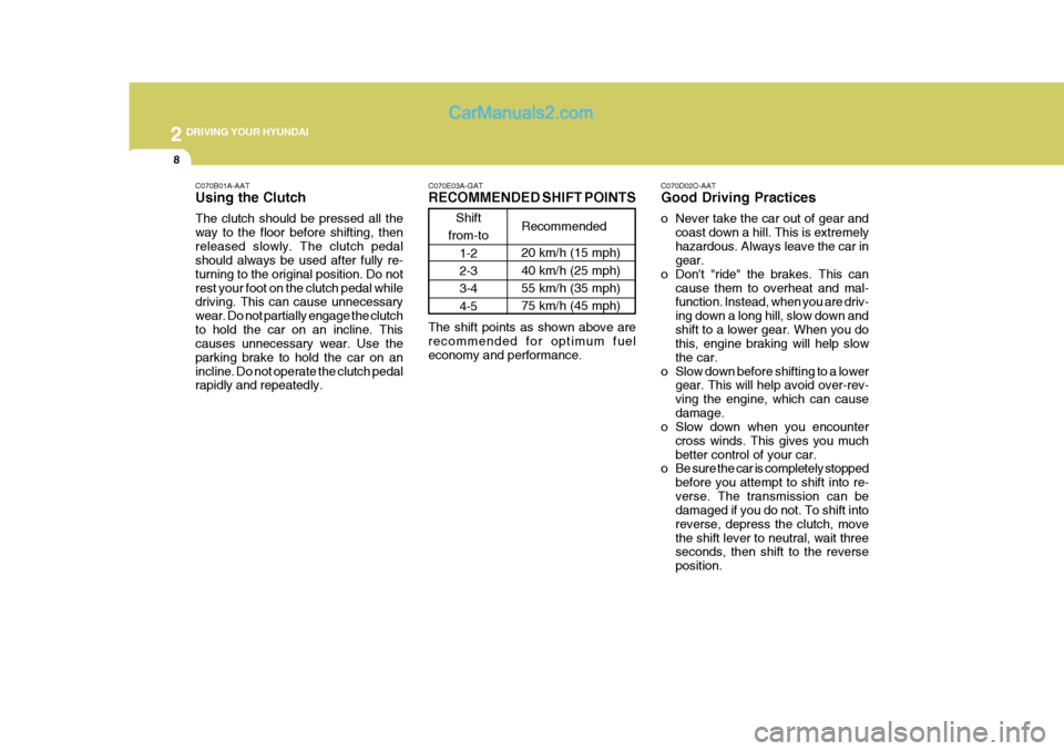 Hyundai Terracan 2005 Owners Manual 2 DRIVING YOUR HYUNDAI
8
Shift
from-to
1-2 2-3 3-4 4-5 C070D02O-AAT Good Driving Practices
o Never take the car out of gear and
coast down a hill. This is extremely hazardous. Always leave the car in Hyundai Terracan 2005 Owners Manual 2 DRIVING YOUR HYUNDAI
8
Shift
from-to
1-2 2-3 3-4 4-5 C070D02O-AAT Good Driving Practices
o Never take the car out of gear and
coast down a hill. This is extremely hazardous. Always leave the car in
