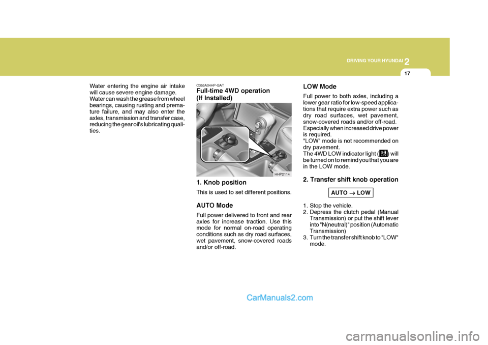 Hyundai Terracan 2005 Owners Manual 2
DRIVING YOUR HYUNDAI
17
C355A04HP-GAT Full-time 4WD operation (If Installed) 1. Knob position This is used to set different positions. AUTO Mode Full power delivered to front and rear axles for inc Hyundai Terracan 2005 Owners Manual 2
DRIVING YOUR HYUNDAI
17
C355A04HP-GAT Full-time 4WD operation (If Installed) 1. Knob position This is used to set different positions. AUTO Mode Full power delivered to front and rear axles for inc
