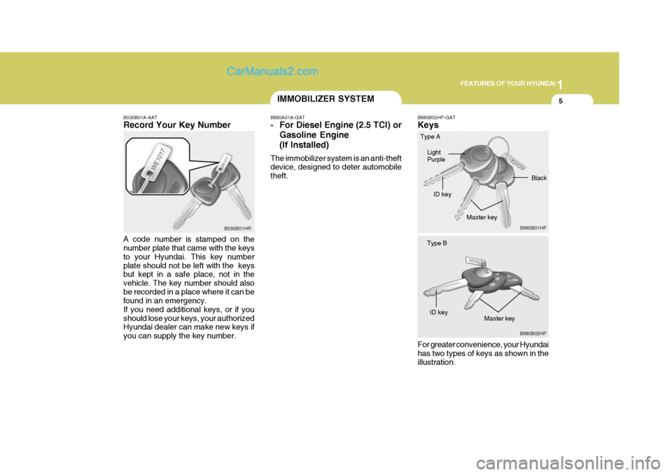 Hyundai Terracan 2005 User Guide 1
FEATURES OF YOUR HYUNDAI
5IMMOBILIZER SYSTEM
B030B01A-AAT Record Your Key Number A code number is stamped on the number plate that came with the keys to your Hyundai. This key numberplate should not Hyundai Terracan 2005 User Guide 1
FEATURES OF YOUR HYUNDAI
5IMMOBILIZER SYSTEM
B030B01A-AAT Record Your Key Number A code number is stamped on the number plate that came with the keys to your Hyundai. This key numberplate should not