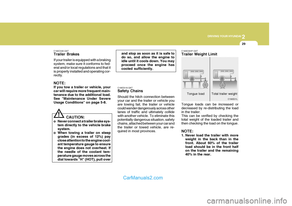 Hyundai Terracan 2005 Owners Manual 2
DRIVING YOUR HYUNDAI
29
!
C190C03S-GAT Trailer Brakes If your trailer is equipped with a braking system, make sure it conforms to fed-eral and/or local regulations and that it is properly installed Hyundai Terracan 2005 Owners Manual 2
DRIVING YOUR HYUNDAI
29
!
C190C03S-GAT Trailer Brakes If your trailer is equipped with a braking system, make sure it conforms to fed-eral and/or local regulations and that it is properly installed