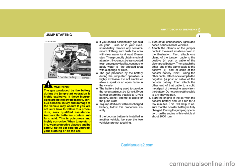 Hyundai Terracan 2005 Owners Manual 3
WHAT TO DO IN AN EMERGENCY
3JUMP STARTING
!
D020A02A-AAT
WARNING:
The gas produced by the battery during the jump-start operation is highly explosive. If these instruc- tions are not followed exactl Hyundai Terracan 2005 Owners Manual 3
WHAT TO DO IN AN EMERGENCY
3JUMP STARTING
!
D020A02A-AAT
WARNING:
The gas produced by the battery during the jump-start operation is highly explosive. If these instruc- tions are not followed exactl