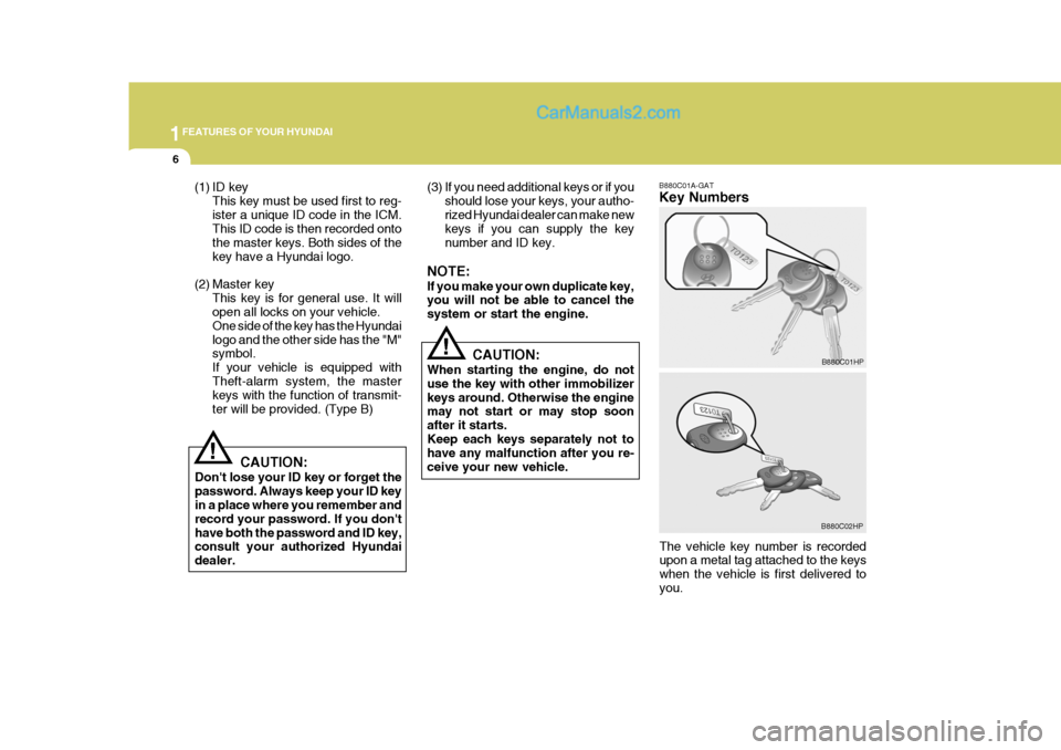 Hyundai Terracan 2005 User Guide 1FEATURES OF YOUR HYUNDAI
6
(3) If you need additional keys or if you
should lose your keys, your autho- rized Hyundai dealer can make new keys if you can supply the key number and ID key.
NOTE: If yo Hyundai Terracan 2005 User Guide 1FEATURES OF YOUR HYUNDAI
6
(3) If you need additional keys or if you
should lose your keys, your autho- rized Hyundai dealer can make new keys if you can supply the key number and ID key.
NOTE: If yo
