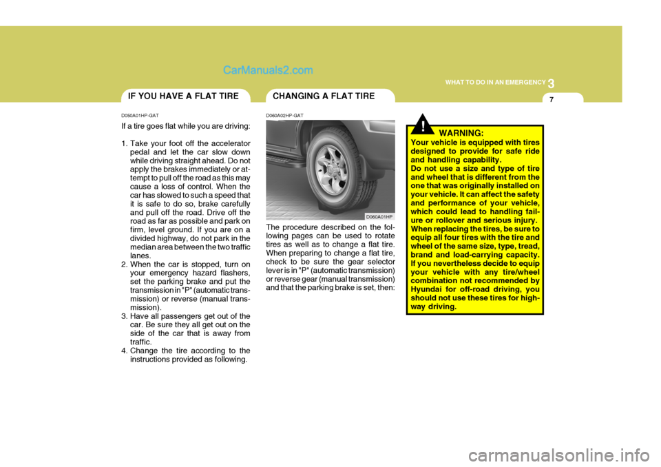 Hyundai Terracan 2005 Owners Manual 3
WHAT TO DO IN AN EMERGENCY
7
!
CHANGING A FLAT TIREIF YOU HAVE A FLAT TIRE
D050A01HP-GAT If a tire goes flat while you are driving:
1. Take your foot off the accelerator pedal and let the car slow Hyundai Terracan 2005 Owners Manual 3
WHAT TO DO IN AN EMERGENCY
7
!
CHANGING A FLAT TIREIF YOU HAVE A FLAT TIRE
D050A01HP-GAT If a tire goes flat while you are driving:
1. Take your foot off the accelerator pedal and let the car slow