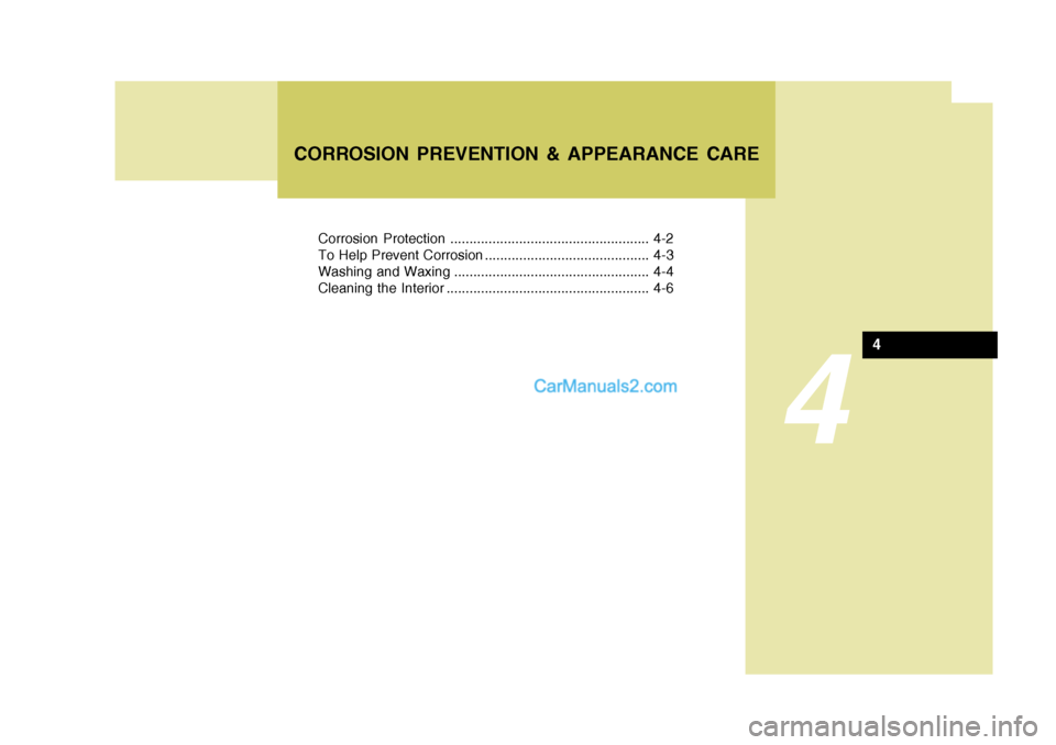 Hyundai Terracan 2005 Owners Manual 4
Corrosion Protection .................................................... 4-2
To Help Prevent Corrosion ........................................... 4-3
Washing and Waxing .......................... Hyundai Terracan 2005 Owners Manual 4
Corrosion Protection .................................................... 4-2
To Help Prevent Corrosion ........................................... 4-3
Washing and Waxing ..........................