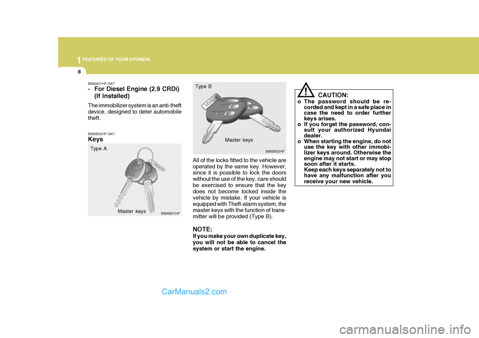 Hyundai Terracan 2005 Owners Guide 1FEATURES OF YOUR HYUNDAI
8
B885B02HP-GAT Keys
All of the locks fitted to the vehicle are operated by the same key. However, since it is possible to lock the doors without the use of the key, care sho Hyundai Terracan 2005 Owners Guide 1FEATURES OF YOUR HYUNDAI
8
B885B02HP-GAT Keys
All of the locks fitted to the vehicle are operated by the same key. However, since it is possible to lock the doors without the use of the key, care sho