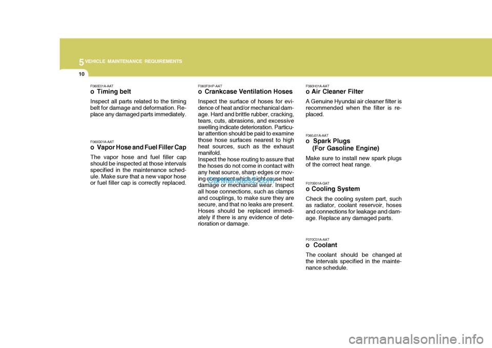 Hyundai Terracan 2005 Owners Manual 5VEHICLE MAINTENANCE REQUIREMENTS
10
F060H01A-AAT
o Air Cleaner Filter
A Genuine Hyundai air cleaner filter is
recommended when the filter is re- placed. F060J01A-AAT
o Spark Plugs
(For Gasoline Engi Hyundai Terracan 2005 Owners Manual 5VEHICLE MAINTENANCE REQUIREMENTS
10
F060H01A-AAT
o Air Cleaner Filter
A Genuine Hyundai air cleaner filter is
recommended when the filter is re- placed. F060J01A-AAT
o Spark Plugs
(For Gasoline Engi