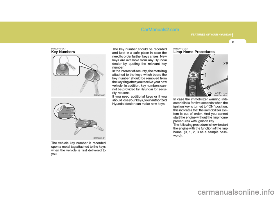 Hyundai Terracan 2005  Owners Manual 1
FEATURES OF YOUR HYUNDAI
9
B885C01O-GAT Key Numbers B885D01O-GATLimp Home Procedures
In case the immobilizer warning indi- cator blinks for five seconds when the ignition key is turned to "ON" posit