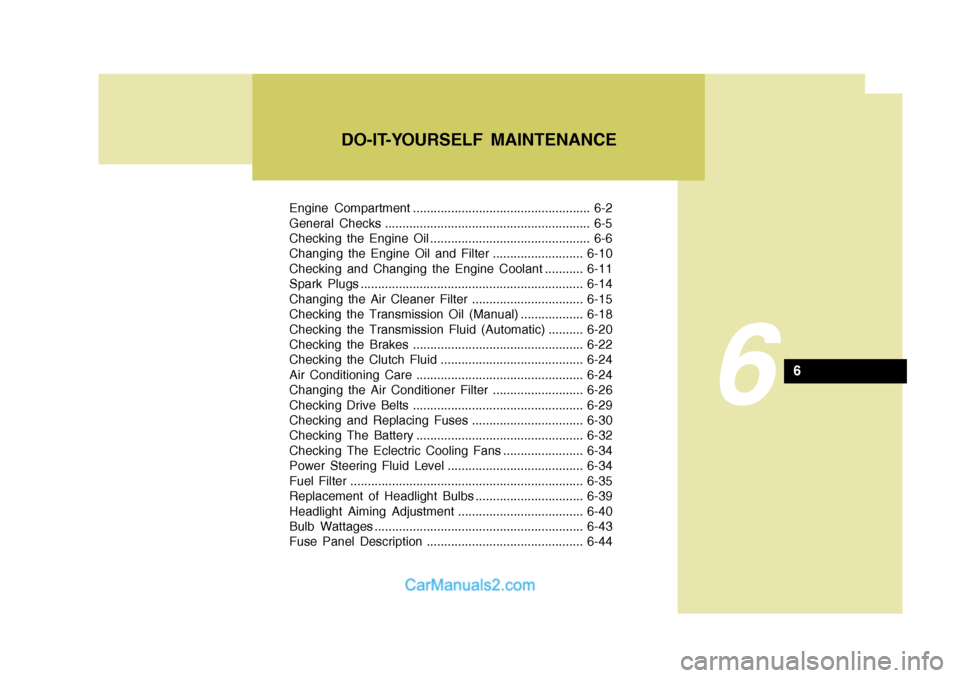 Hyundai Terracan 2005  Owners Manual Engine Compartment ................................................... 6-2 
General Checks ........................................................... 6-5
Checking the Engine Oil .....................