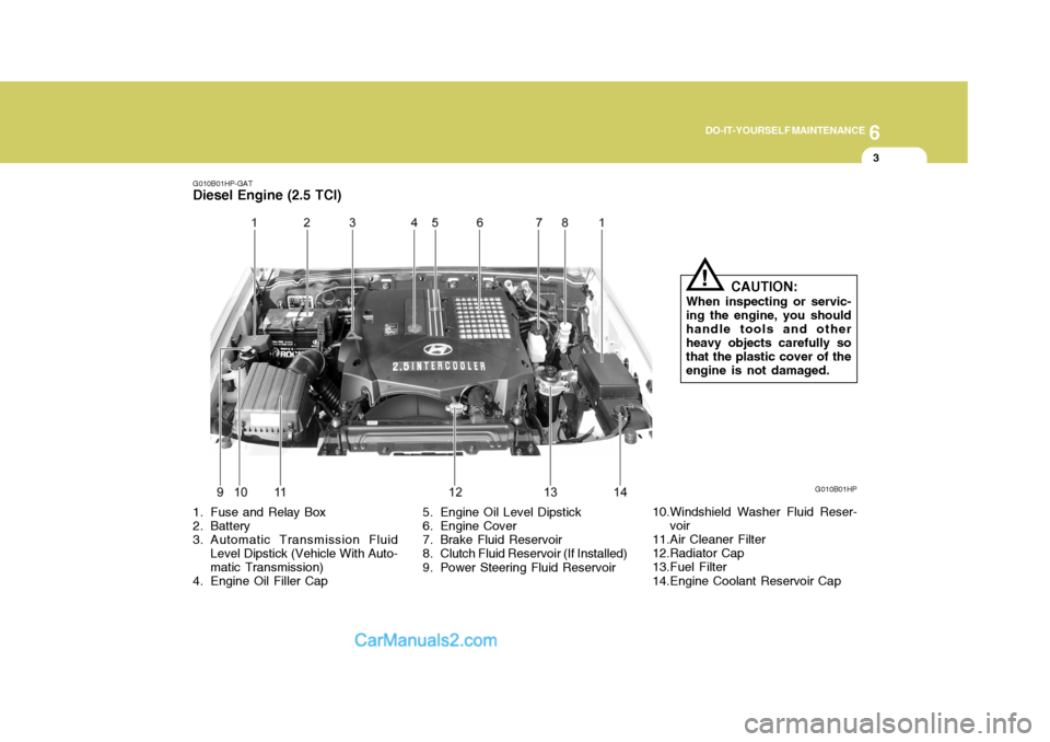 Hyundai Terracan 2005 Owners Manual 6
DO-IT-YOURSELF MAINTENANCE
3
G010B01HP-GAT
Diesel Engine (2.5 TCI)
G010B01HP
1. Fuse and Relay Box
2. Battery
3. Automatic Transmission Fluid Level Dipstick (Vehicle With Auto- matic Transmission) Hyundai Terracan 2005 Owners Manual 6
DO-IT-YOURSELF MAINTENANCE
3
G010B01HP-GAT
Diesel Engine (2.5 TCI)
G010B01HP
1. Fuse and Relay Box
2. Battery
3. Automatic Transmission Fluid Level Dipstick (Vehicle With Auto- matic Transmission)