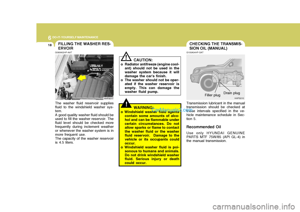 Hyundai Terracan 2005  Owners Manual 6 DO-IT-YOURSELF MAINTENANCE
18
!
CHECKING THE TRANSMIS- SION OIL (MANUAL)FILLING THE WASHER RES- ERVOIR
CAUTION:
o Radiator antifreeze (engine cool- ant) should not be used in the washer system becau