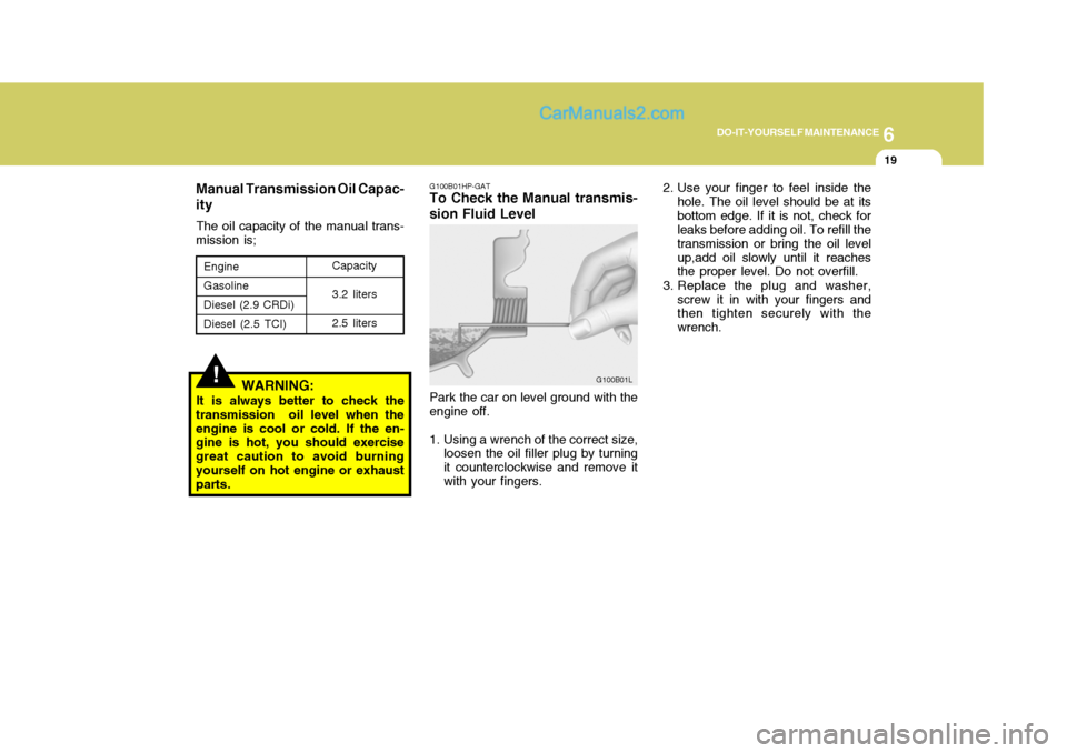 Hyundai Terracan 2005 Owners Manual 6
DO-IT-YOURSELF MAINTENANCE
19
Manual Transmission Oil Capac- ity
The oil capacity of the manual trans-
mission is;
WARNING:
It is always better to check the
transmission oil level when the engine i Hyundai Terracan 2005 Owners Manual 6
DO-IT-YOURSELF MAINTENANCE
19
Manual Transmission Oil Capac- ity
The oil capacity of the manual trans-
mission is;
WARNING:
It is always better to check the
transmission oil level when the engine i