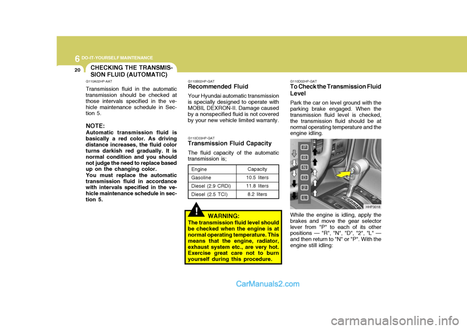 Hyundai Terracan 2005 Owners Manual 6 DO-IT-YOURSELF MAINTENANCE
20CHECKING THE TRANSMIS- SION FLUID (AUTOMATIC)
!
G110B02HP-GAT
Recommended Fluid
Your Hyundai automatic transmission
is specially designed to operate with MOBIL DEXRON-II Hyundai Terracan 2005 Owners Manual 6 DO-IT-YOURSELF MAINTENANCE
20CHECKING THE TRANSMIS- SION FLUID (AUTOMATIC)
!
G110B02HP-GAT
Recommended Fluid
Your Hyundai automatic transmission
is specially designed to operate with MOBIL DEXRON-II