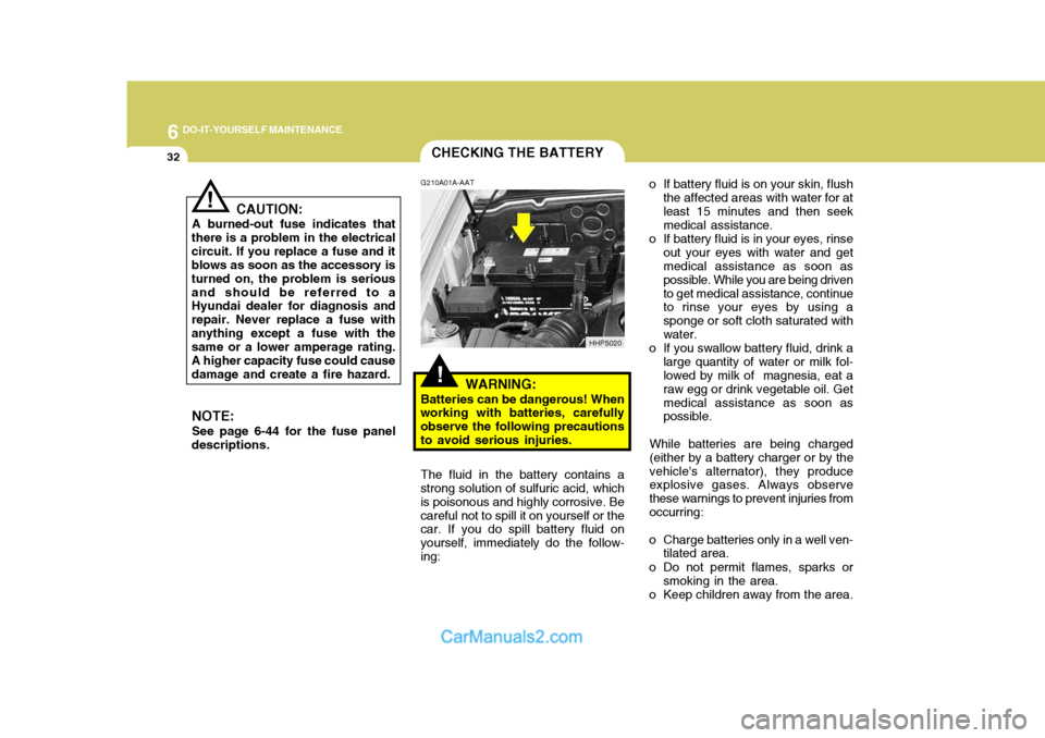Hyundai Terracan 2005  Owners Manual 6 DO-IT-YOURSELF MAINTENANCE
32CHECKING THE BATTERY
!
G210A01A-AAT
WARNING:
Batteries can be dangerous! When
working with batteries, carefully observe the following precautionsto avoid serious injurie