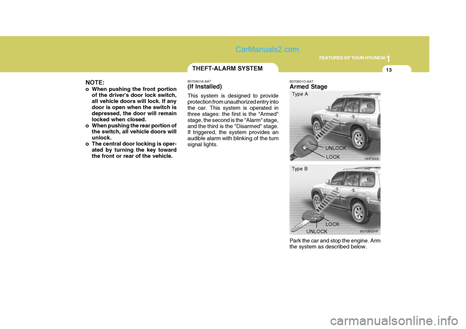 Hyundai Terracan 2005 Owners Guide 1
FEATURES OF YOUR HYUNDAI
13THEFT-ALARM SYSTEM
NOTE:
o When pushing the front portion of the drivers door lock switch, all vehicle doors will lock. If anydoor is open when the switch is depressed, Hyundai Terracan 2005 Owners Guide 1
FEATURES OF YOUR HYUNDAI
13THEFT-ALARM SYSTEM
NOTE:
o When pushing the front portion of the drivers door lock switch, all vehicle doors will lock. If anydoor is open when the switch is depressed,