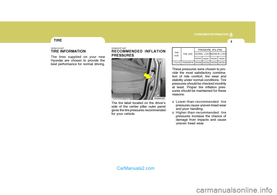 Hyundai Terracan 2005 Owners Manual 8
CONSUMER INFORMATION
3TIRE
I020A01A-AAT
TIRE INFORMATION
The tires supplied on your new
Hyundai are chosen to provide the best performance for normal driving. I030A02HP-GAT RECOMMENDED INFLATION PRE Hyundai Terracan 2005 Owners Manual 8
CONSUMER INFORMATION
3TIRE
I020A01A-AAT
TIRE INFORMATION
The tires supplied on your new
Hyundai are chosen to provide the best performance for normal driving. I030A02HP-GAT RECOMMENDED INFLATION PRE