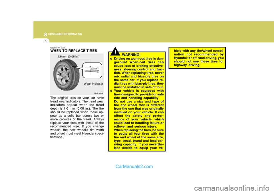 Hyundai Terracan 2005  Owners Manual 8CONSUMER INFORMATION
6
!WARNING:
o Driving on worn-out tires is dan- gerous! Worn-out tires can cause loss of braking effective-ness, steering control and trac- tion. When replacing tires, never mix 