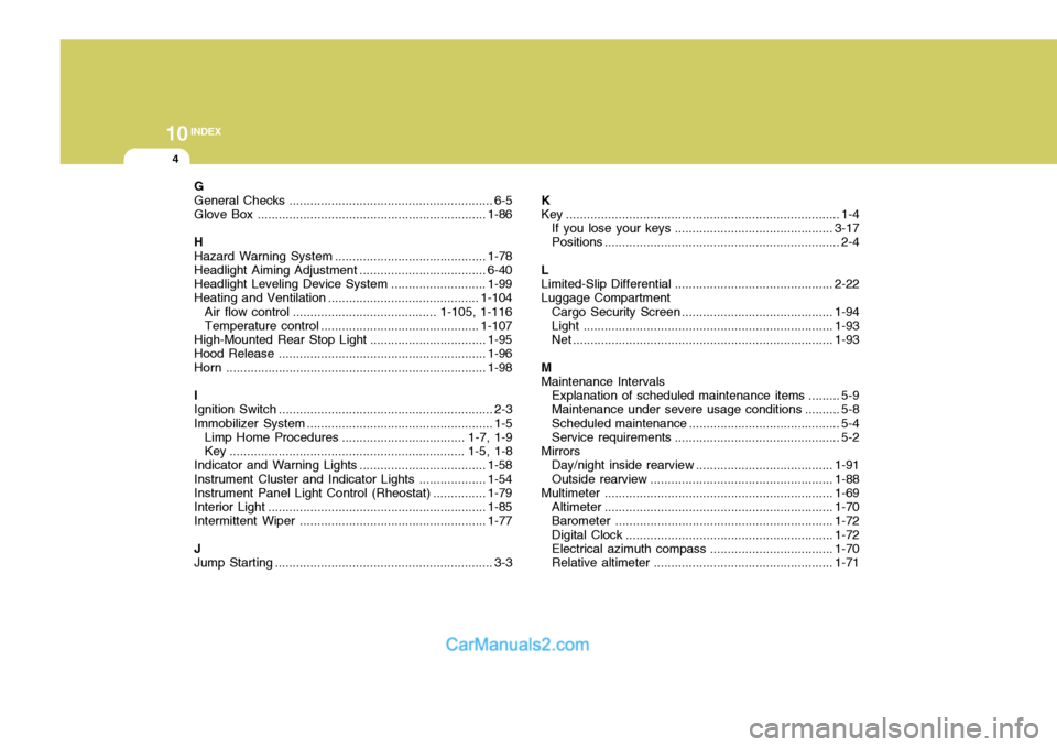 Hyundai Terracan 2005  Owners Manual 10INDEX
4
G General Checks .......................................................... 6-5
Glove Box ................................................................. 1-86
HHazard Warning Syst em .....