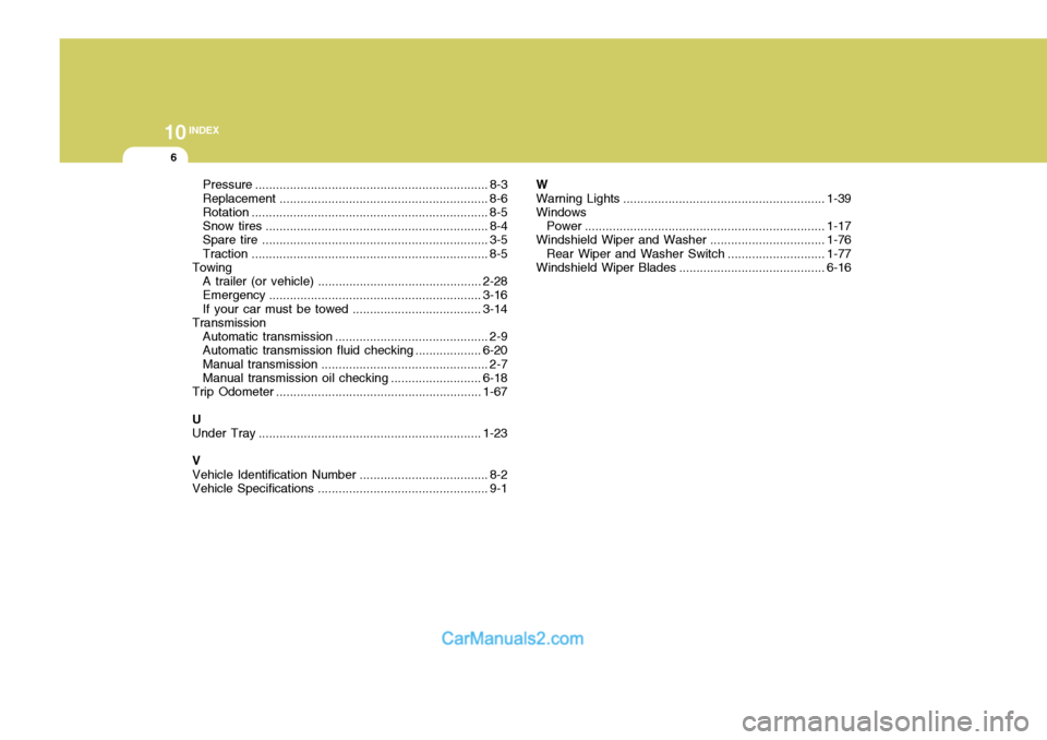 Hyundai Terracan 2005  Owners Manual 10INDEX
6
Pressure ................................................................... 8-3
Replacement ............................................................ 8-6
Rotation .......................