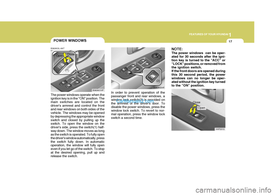 Hyundai Terracan 2005 Owners Guide 1
FEATURES OF YOUR HYUNDAI
17
HHP2013
POWER WINDOWS
B060A03L-AAT
The power windows operate when the ignition key is in the "ON" position. The main switches are located on the drivers armrest and cont Hyundai Terracan 2005 Owners Guide 1
FEATURES OF YOUR HYUNDAI
17
HHP2013
POWER WINDOWS
B060A03L-AAT
The power windows operate when the ignition key is in the "ON" position. The main switches are located on the drivers armrest and cont