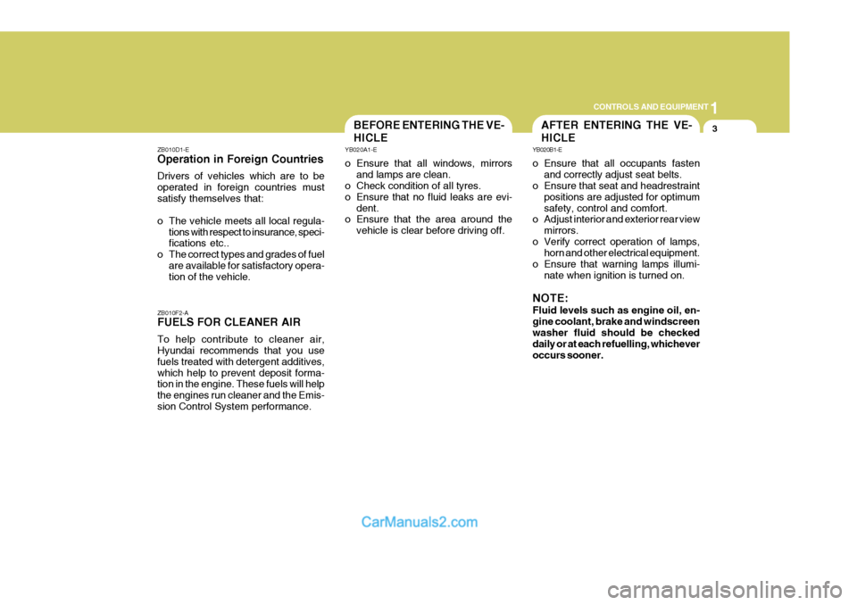 Hyundai Terracan 2005  Owners Manual 1
CONTROLS AND EQUIPMENT
3
ZB010D1-E Operation in Foreign Countries Drivers of vehicles which are to be operated in foreign countries mustsatisfy themselves that: 
o The vehicle meets all local regula