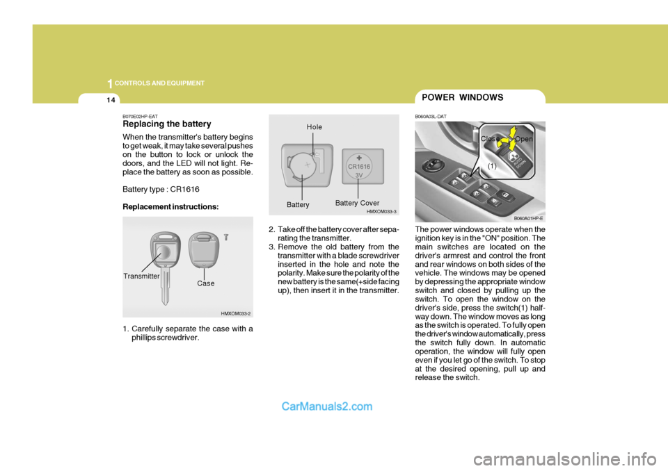 Hyundai Terracan 2005 Owners Manual 1CONTROLS AND EQUIPMENT
14
B070E02HP-EAT Replacing the battery When the transmitters battery begins to get weak, it may take several pusheson the button to lock or unlock the doors, and the LED will Hyundai Terracan 2005 Owners Manual 1CONTROLS AND EQUIPMENT
14
B070E02HP-EAT Replacing the battery When the transmitters battery begins to get weak, it may take several pusheson the button to lock or unlock the doors, and the LED will