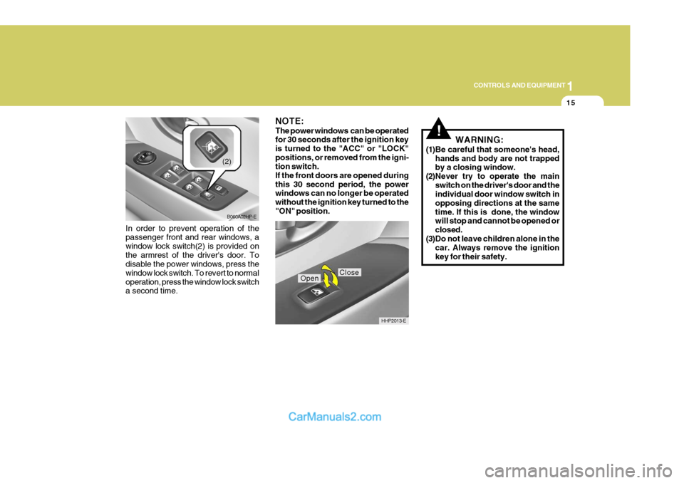 Hyundai Terracan 2005 Owners Manual 1
CONTROLS AND EQUIPMENT
15
In order to prevent operation of the passenger front and rear windows, a window lock switch(2) is provided onthe armrest of the drivers door. To disable the power windows, Hyundai Terracan 2005 Owners Manual 1
CONTROLS AND EQUIPMENT
15
In order to prevent operation of the passenger front and rear windows, a window lock switch(2) is provided onthe armrest of the drivers door. To disable the power windows,