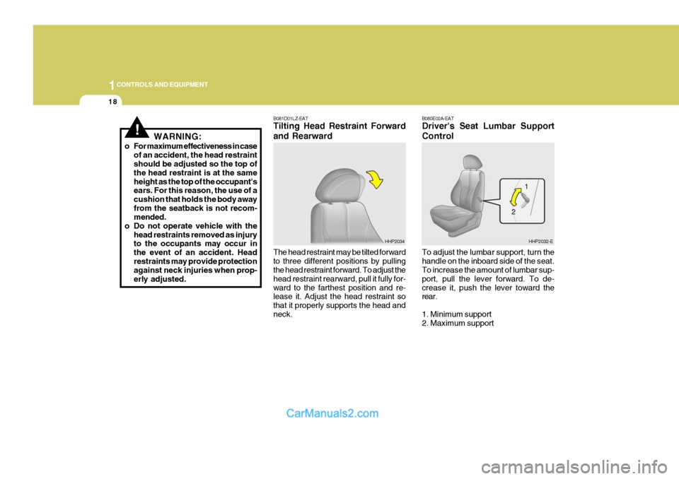 Hyundai Terracan 2005  Owners Manual 1CONTROLS AND EQUIPMENT
18
B080E02A-EAT Drivers Seat Lumbar Support Control To adjust the lumbar support, turn the handle on the inboard side of the seat. To increase the amount of lumbar sup- port, 