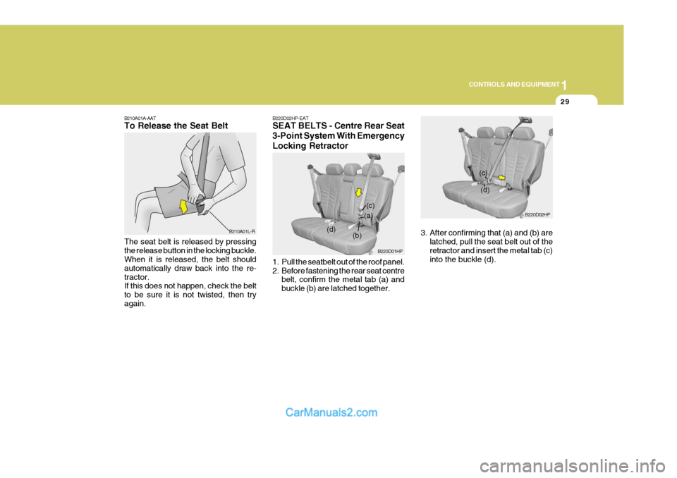 Hyundai Terracan 2005 Owners Manual 1
CONTROLS AND EQUIPMENT
29
B210A01A-AAT To Release the Seat Belt The seat belt is released by pressing the release button in the locking buckle. When it is released, the belt should automatically dra Hyundai Terracan 2005 Owners Manual 1
CONTROLS AND EQUIPMENT
29
B210A01A-AAT To Release the Seat Belt The seat belt is released by pressing the release button in the locking buckle. When it is released, the belt should automatically dra