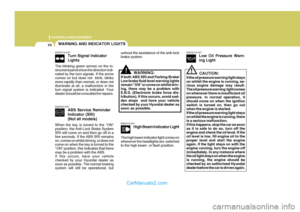 Hyundai Terracan 2005 Owners Manual 1CONTROLS AND EQUIPMENT
50
!!
!
B260P02Y-EAT
ABS Service Reminder Indicator (SRI) (Not all models)
When the key is turned to the "ON" position, the Anti-Lock Brake System SRI will come on and then go Hyundai Terracan 2005 Owners Manual 1CONTROLS AND EQUIPMENT
50
!!
!
B260P02Y-EAT
ABS Service Reminder Indicator (SRI) (Not all models)
When the key is turned to the "ON" position, the Anti-Lock Brake System SRI will come on and then go