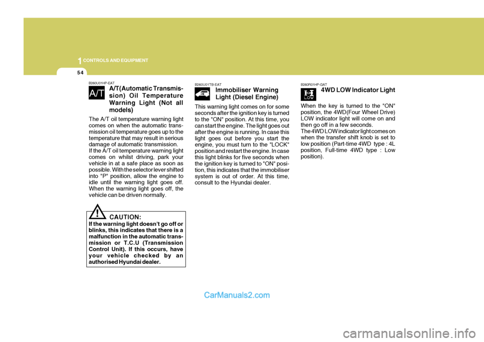 Hyundai Terracan 2005 Owners Manual 1CONTROLS AND EQUIPMENT
54
!
B260U01HP-EAT
A/T(Automatic Transmis- sion) Oil TemperatureWarning Light (Not allmodels)
CAUTION:
If the warning light doesnt go off or blinks, this indicates that there Hyundai Terracan 2005 Owners Manual 1CONTROLS AND EQUIPMENT
54
!
B260U01HP-EAT
A/T(Automatic Transmis- sion) Oil TemperatureWarning Light (Not allmodels)
CAUTION:
If the warning light doesnt go off or blinks, this indicates that there