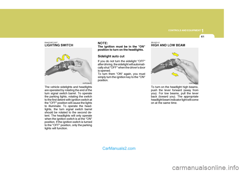 Hyundai Terracan 2005 Owners Manual 1
CONTROLS AND EQUIPMENT
61
ZB120D1-E HIGH AND LOW BEAM
B340C03FC-EATLIGHTING SWITCH The vehicle sidelights and headlights are operated by rotating the end of the turn signal switch barrel. To operate Hyundai Terracan 2005 Owners Manual 1
CONTROLS AND EQUIPMENT
61
ZB120D1-E HIGH AND LOW BEAM
B340C03FC-EATLIGHTING SWITCH The vehicle sidelights and headlights are operated by rotating the end of the turn signal switch barrel. To operate