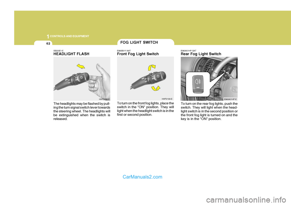 Hyundai Terracan 2005 Owners Manual 1CONTROLS AND EQUIPMENT
62FOG LIGHT SWITCH
B360B01Y-AAT Front Fog Light Switch To turn on the front fog lights, place the switch in the "ON" position. They will light when the headlight switch is in t Hyundai Terracan 2005 Owners Manual 1CONTROLS AND EQUIPMENT
62FOG LIGHT SWITCH
B360B01Y-AAT Front Fog Light Switch To turn on the front fog lights, place the switch in the "ON" position. They will light when the headlight switch is in t