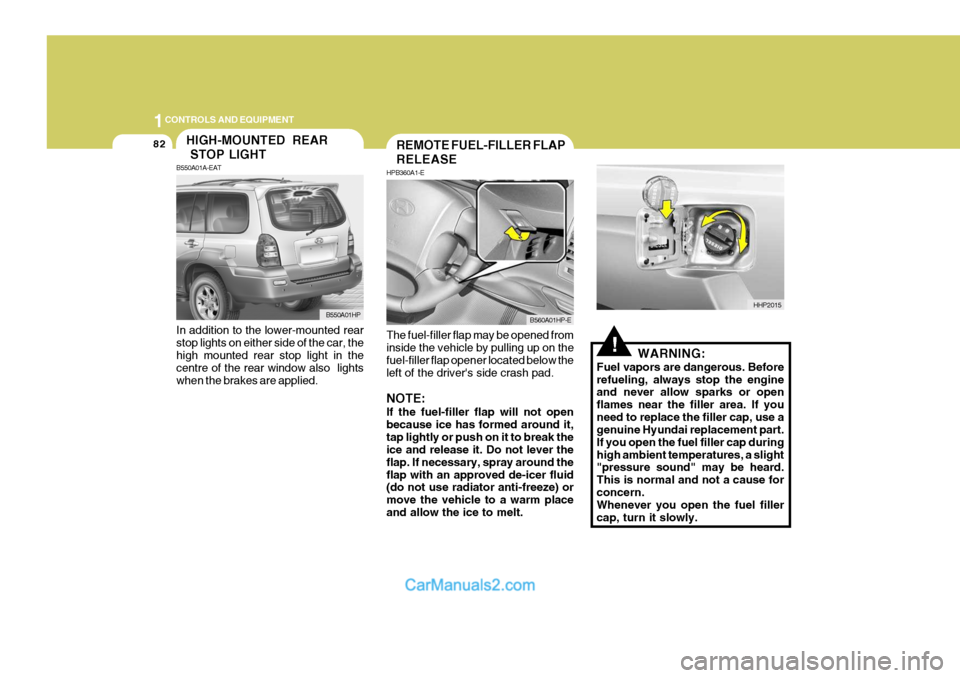Hyundai Terracan 2005 Owners Manual 1CONTROLS AND EQUIPMENT
82
!
The fuel-filler flap may be opened from inside the vehicle by pulling up on the fuel-filler flap opener located below theleft of the drivers side crash pad. NOTE: If the Hyundai Terracan 2005 Owners Manual 1CONTROLS AND EQUIPMENT
82
!
The fuel-filler flap may be opened from inside the vehicle by pulling up on the fuel-filler flap opener located below theleft of the drivers side crash pad. NOTE: If the