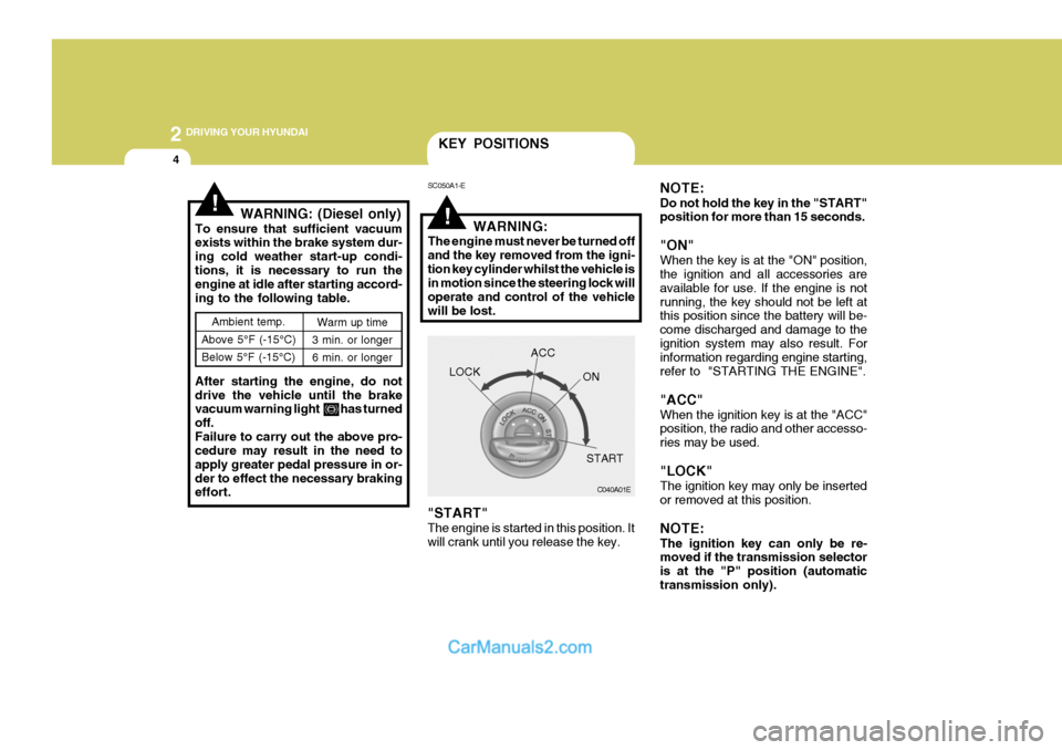 Hyundai Terracan 2005 Owners Manual 2 DRIVING YOUR HYUNDAI
4
!WARNING:
The engine must never be turned off and the key removed from the igni-tion key cylinder whilst the vehicle is in motion since the steering lock will operate and cont Hyundai Terracan 2005 Owners Manual 2 DRIVING YOUR HYUNDAI
4
!WARNING:
The engine must never be turned off and the key removed from the igni-tion key cylinder whilst the vehicle is in motion since the steering lock will operate and cont