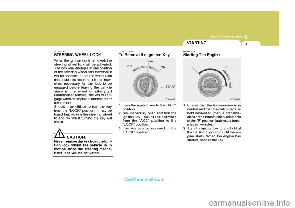 Hyundai Terracan 2005 Owners Manual 2
DRIVING YOUR HYUNDAI
5
!
YC030A1-E STEERING WHEEL LOCK When the ignition key is removed, the steering wheel lock will be activated.The lock only engages at one position of the steering wheel and the Hyundai Terracan 2005 Owners Manual 2
DRIVING YOUR HYUNDAI
5
!
YC030A1-E STEERING WHEEL LOCK When the ignition key is removed, the steering wheel lock will be activated.The lock only engages at one position of the steering wheel and the