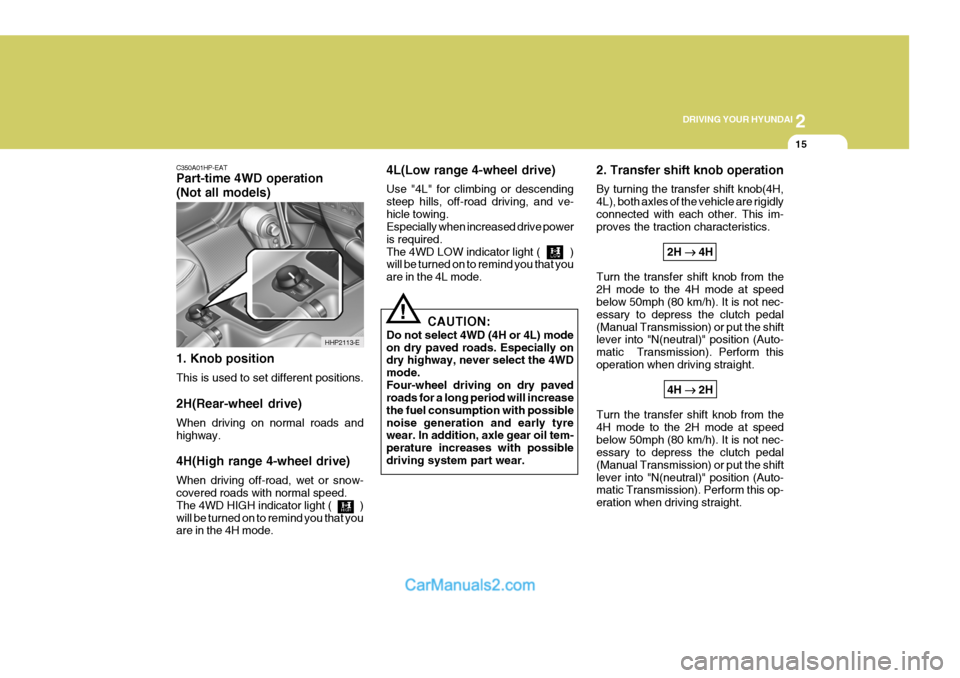 Hyundai Terracan 2005 Owners Manual 2
DRIVING YOUR HYUNDAI
15
C350A01HP-EAT Part-time 4WD operation (Not all models) 1. Knob position This is used to set different positions. 2H(Rear-wheel drive) When driving on normal roads and highway Hyundai Terracan 2005 Owners Manual 2
DRIVING YOUR HYUNDAI
15
C350A01HP-EAT Part-time 4WD operation (Not all models) 1. Knob position This is used to set different positions. 2H(Rear-wheel drive) When driving on normal roads and highway