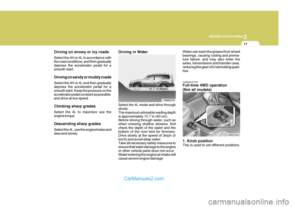 Hyundai Terracan 2005  Owners Manual 2
DRIVING YOUR HYUNDAI
17
C355A03HP-EAT Full-time 4WD operation (Not all models) 1. Knob position This is used to set different positions.
15.7 in(40cm) D090E01HP
HHP2114-E
Driving on snowy or icy roa