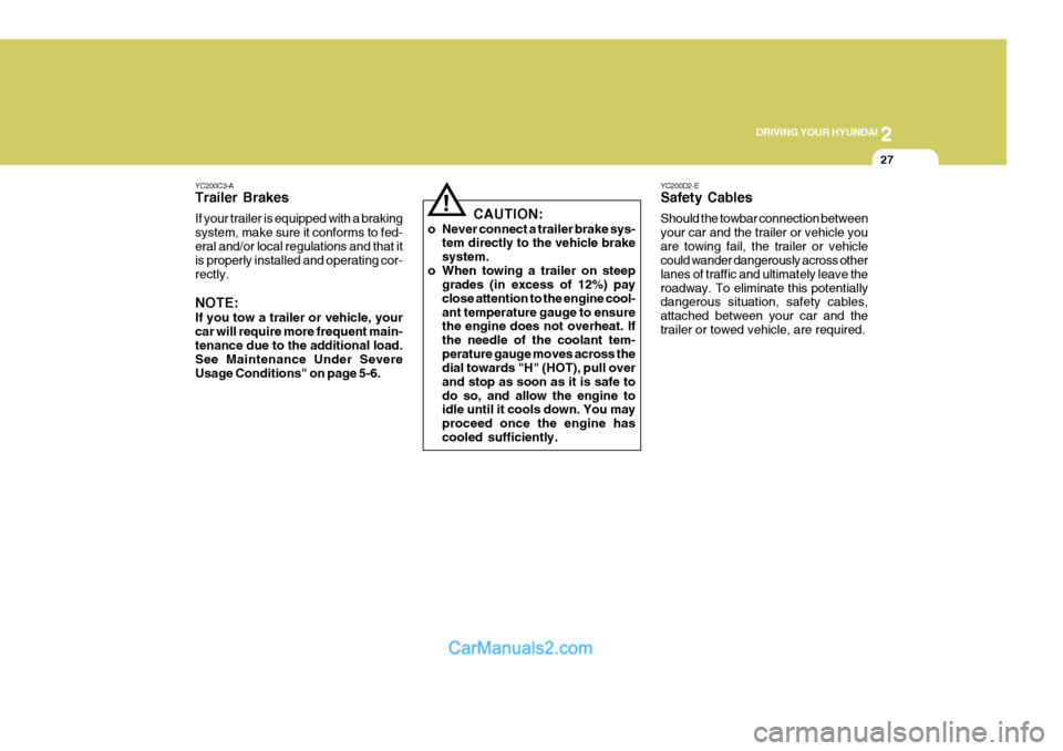 Hyundai Terracan 2005  Owners Manual 2
DRIVING YOUR HYUNDAI
27
!
YC200C3-A Trailer Brakes If your trailer is equipped with a braking system, make sure it conforms to fed-eral and/or local regulations and that it is properly installed and