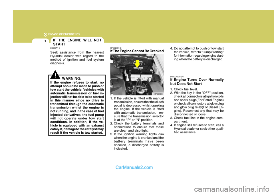 Hyundai Terracan 2005 Owners Manual 3 IN CASE OF EMERGENCY
2
!WARNING:
If the engine refuses to start, no attempt should be made to push or tow start the vehicle. Vehicles with automatic transmission or fuel in-jection will not be able Hyundai Terracan 2005 Owners Manual 3 IN CASE OF EMERGENCY
2
!WARNING:
If the engine refuses to start, no attempt should be made to push or tow start the vehicle. Vehicles with automatic transmission or fuel in-jection will not be able