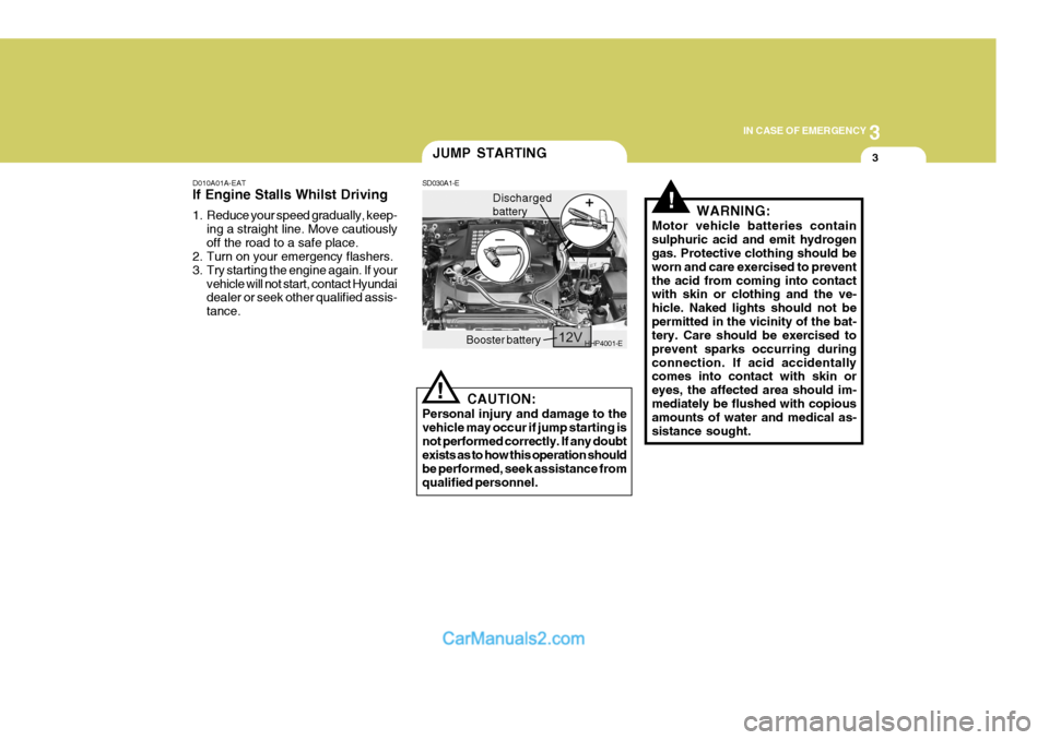 Hyundai Terracan 2005 Owners Manual 3
IN CASE OF EMERGENCY
3
!
D010A01A-EAT If Engine Stalls Whilst Driving
1. Reduce your speed gradually, keep-
ing a straight line. Move cautiously off the road to a safe place.
2. Turn on your emerge Hyundai Terracan 2005 Owners Manual 3
IN CASE OF EMERGENCY
3
!
D010A01A-EAT If Engine Stalls Whilst Driving
1. Reduce your speed gradually, keep-
ing a straight line. Move cautiously off the road to a safe place.
2. Turn on your emerge