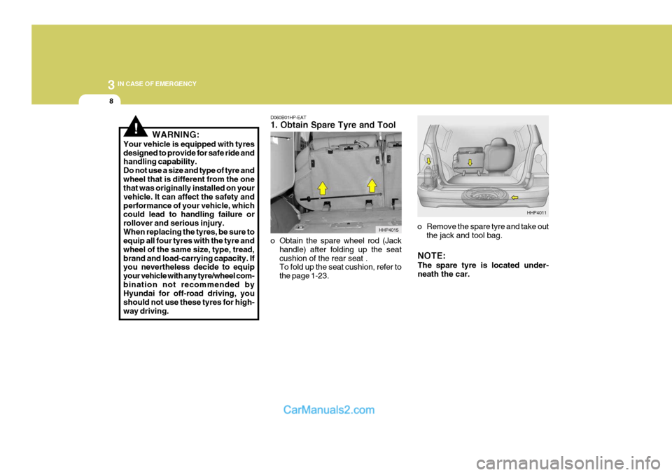 Hyundai Terracan 2005  Owners Manual 3 IN CASE OF EMERGENCY
8
D060B01HP-EAT 1. Obtain Spare Tyre and Tool 
o Obtain the spare wheel rod (Jackhandle) after folding up the seat cushion of the rear seat . To fold up the seat cushion, refer 