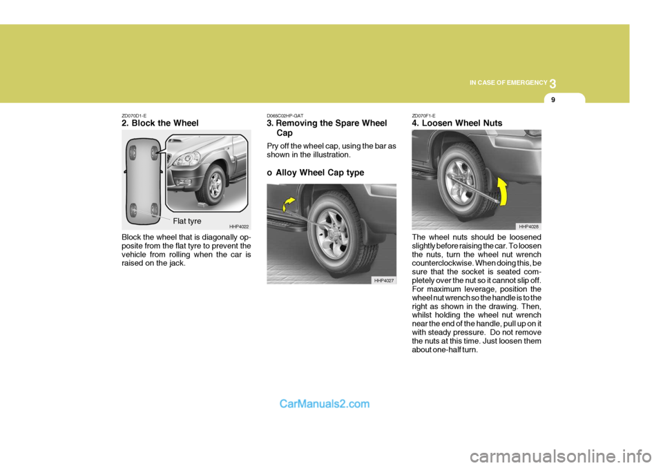 Hyundai Terracan 2005  Owners Manual 3
IN CASE OF EMERGENCY
9
ZD070D1-E 2. Block the Wheel Block the wheel that is diagonally op- posite from the flat tyre to prevent thevehicle from rolling when the car is raised on the jack.
Flat tyre 