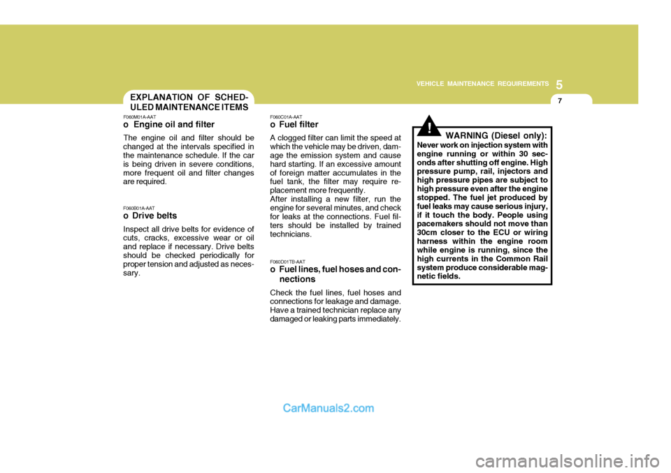 Hyundai Terracan 2005 Owners Manual 5
VEHICLE MAINTENANCE REQUIREMENTS
7
!
F060B01A-AAT
o Drive belts
Inspect all drive belts for evidence of cuts, cracks, excessive wear or oil and replace if necessary. Drive beltsshould be checked per Hyundai Terracan 2005 Owners Manual 5
VEHICLE MAINTENANCE REQUIREMENTS
7
!
F060B01A-AAT
o Drive belts
Inspect all drive belts for evidence of cuts, cracks, excessive wear or oil and replace if necessary. Drive beltsshould be checked per