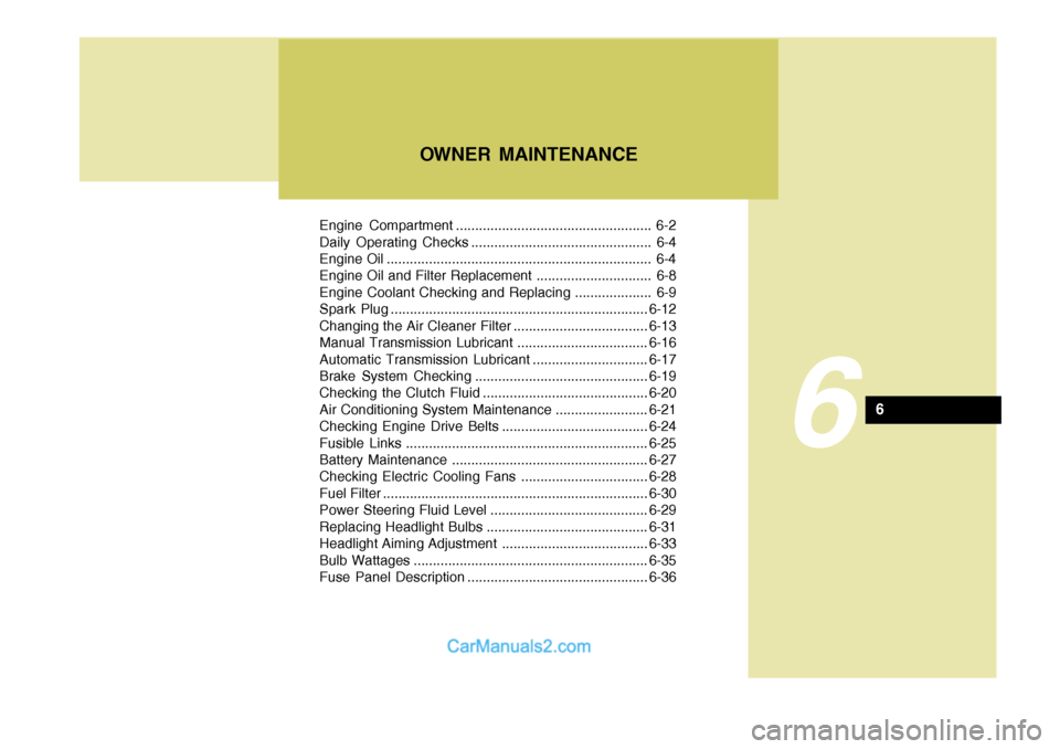 Hyundai Terracan 2005 Owners Manual Engine Compartment ................................................... 6-2
Daily Operating Checks ............................................... 6-4
Engine Oil ...................................... Hyundai Terracan 2005 Owners Manual Engine Compartment ................................................... 6-2
Daily Operating Checks ............................................... 6-4
Engine Oil ......................................