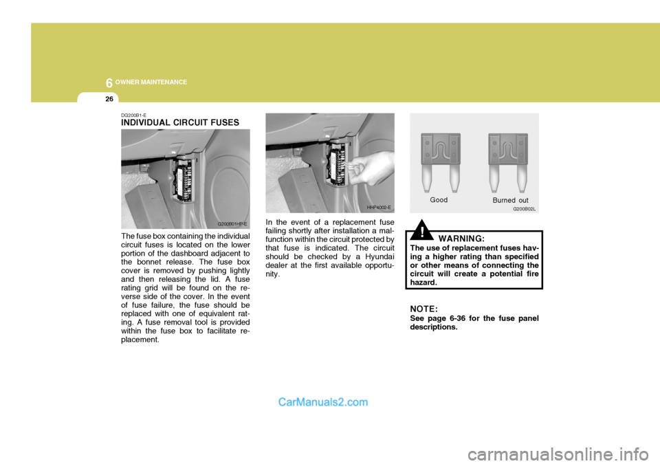 Hyundai Terracan 2005 Owners Manual 6 OWNER MAINTENANCE
26
!
DG200B1-E INDIVIDUAL CIRCUIT FUSES The fuse box containing the individual circuit fuses is located on the lowerportion of the dashboard adjacent to the bonnet release. The fus Hyundai Terracan 2005 Owners Manual 6 OWNER MAINTENANCE
26
!
DG200B1-E INDIVIDUAL CIRCUIT FUSES The fuse box containing the individual circuit fuses is located on the lowerportion of the dashboard adjacent to the bonnet release. The fus