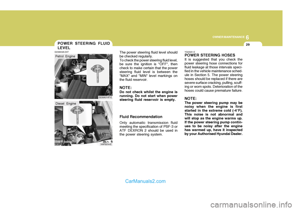 Hyundai Terracan 2005 Owners Guide 6
OWNER MAINTENANCE
29
YG220A1-E POWER STEERING HOSES It is suggested that you check the power steering hose connections forfluid leakage at those intervals speci- fied in the vehicle maintenance sche