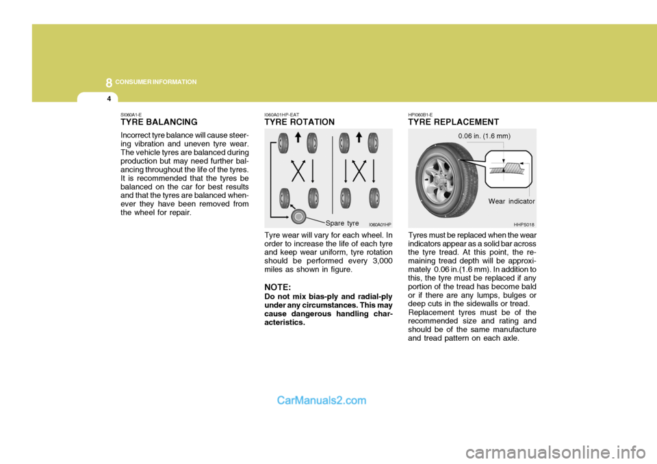 Hyundai Terracan 2005 Owners Manual 8CONSUMER INFORMATION
4
I060A01HP-EAT TYRE ROTATION Tyre wear will vary for each wheel. In order to increase the life of each tyre and keep wear uniform, tyre rotation should be performed every 3,000m Hyundai Terracan 2005 Owners Manual 8CONSUMER INFORMATION
4
I060A01HP-EAT TYRE ROTATION Tyre wear will vary for each wheel. In order to increase the life of each tyre and keep wear uniform, tyre rotation should be performed every 3,000m