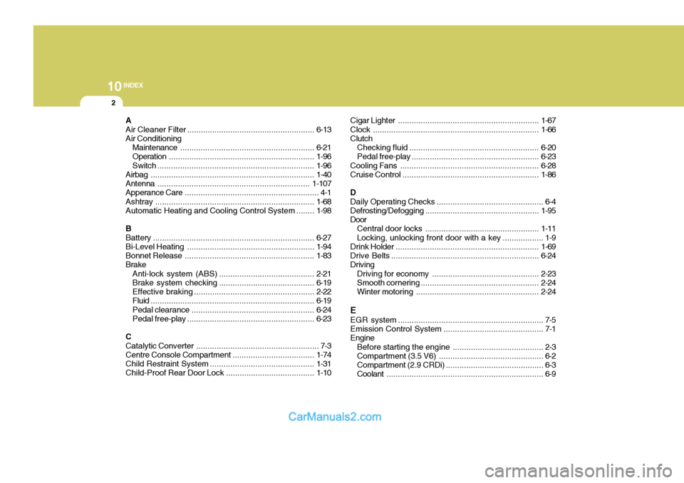 Hyundai Terracan 2005  Owners Manual 10INDEX
2
A Air Cleaner  Filter ........................................................ 6-13
Air Conditioning
Maintenance ........................................................... 6-21
Operation ..