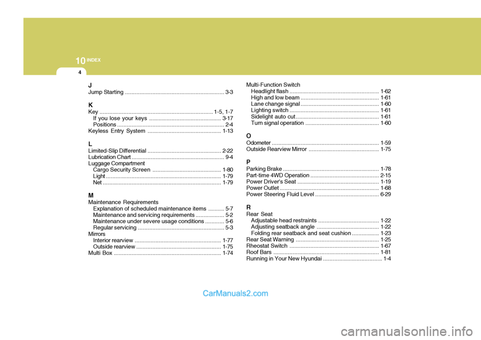 Hyundai Terracan 2005 Owners Manual 10INDEX
4
J Jump Starting .............................................................. 3-3
K
Key ....................................................................... 1-5, 1-7
If you lose y our ke Hyundai Terracan 2005 Owners Manual 10INDEX
4
J Jump Starting .............................................................. 3-3
K
Key ....................................................................... 1-5, 1-7
If you lose y our ke